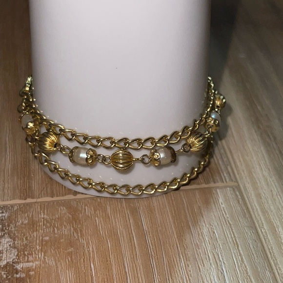 Jewelry - Vintage gold tone 3 strand Chain Bracelet with faux Pearl Accents